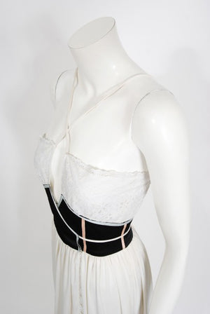1970's Bill Gibb White Eyelet Cotton & Jersey Low Plunge Maxi Wrap Dress