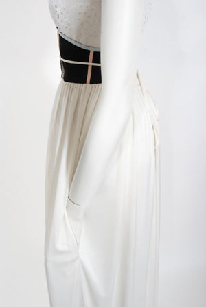 1970's Bill Gibb White Eyelet Cotton & Jersey Low Plunge Maxi Wrap Dress