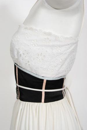 1970's Bill Gibb White Eyelet Cotton & Jersey Low Plunge Maxi Wrap Dress