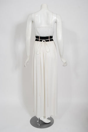 1970's Bill Gibb White Eyelet Cotton & Jersey Low Plunge Maxi Wrap Dress