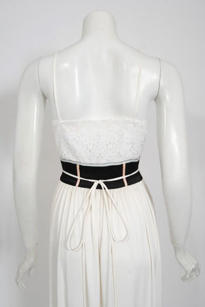 1970's Bill Gibb White Eyelet Cotton & Jersey Low Plunge Maxi Wrap Dress