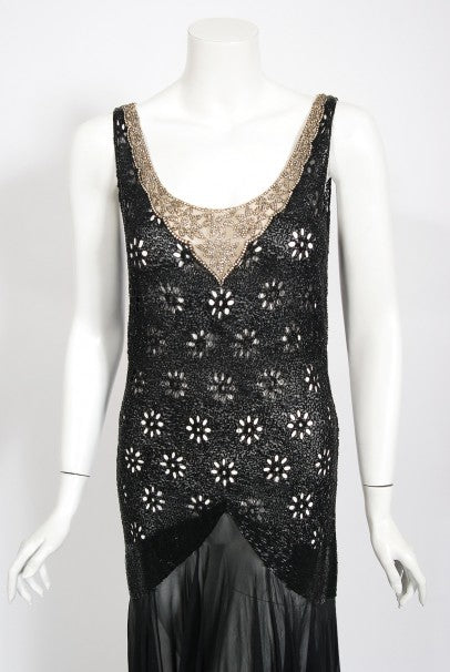 1930's French Couture Beaded Rhinestone Sheer Eyelet Silk Bias-Cut Gown
