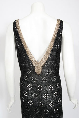 1930's French Couture Beaded Rhinestone Sheer Eyelet Silk Bias-Cut Gown