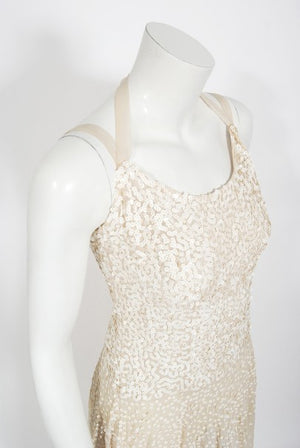 1940's Harry Cooper of Hollywood Ivory Sequin Chiffon Halter Gown