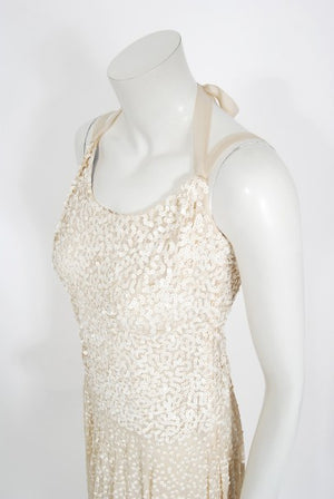 1940's Harry Cooper of Hollywood Ivory Sequin Chiffon Halter Gown