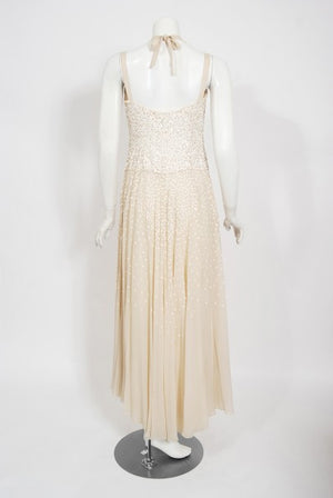 1940's Harry Cooper of Hollywood Ivory Sequin Chiffon Halter Gown
