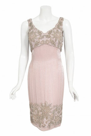 1965 Helen Rose Couture Fully-Beaded Blush Pink Silk Hourglass Dress