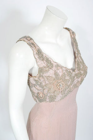 1965 Helen Rose Couture Fully-Beaded Blush Pink Silk Hourglass Dress