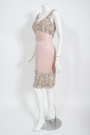 1965 Helen Rose Couture Fully-Beaded Blush Pink Silk Hourglass Dress