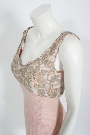 1965 Helen Rose Couture Fully-Beaded Blush Pink Silk Hourglass Dress