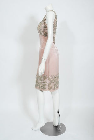1960's Helen Rose Couture Fully-Beaded Blush Pink Silk Hourglass Dress
