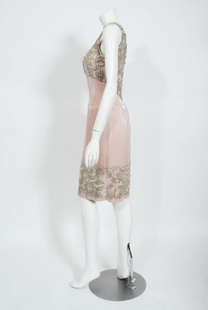 1965 Helen Rose Couture Fully-Beaded Blush Pink Silk Hourglass Dress