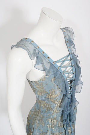 2003 Christian Dior by Galliano Metallic Blue Silk Lace-Up Bias Cut Gown
