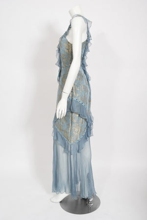 2003 Christian Dior by Galliano Metallic Blue Silk Lace-Up Bias Cut Gown