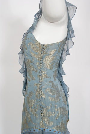 2003 Christian Dior by Galliano Metallic Blue Silk Lace-Up Bias Cut Gown