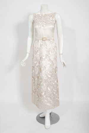 1980's Chanel Haute Couture Ivory Lesage Embroidered Silk Belted Gown & Jacket