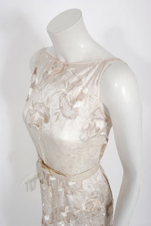 1980's Chanel Haute Couture Ivory Lesage Embroidered Silk Belted Gown & Jacket