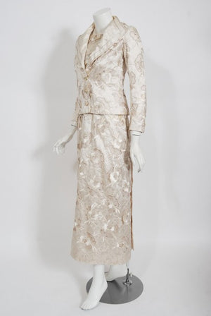 1980's Chanel Haute Couture Ivory Lesage Embroidered Silk Belted Gown & Jacket