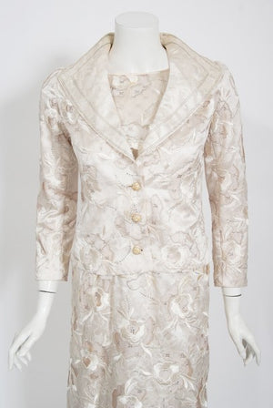 1980's Chanel Haute Couture Ivory Lesage Embroidered Silk Belted Gown & Jacket