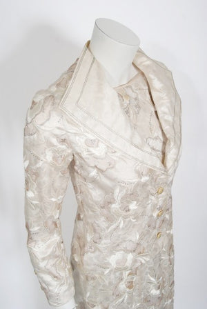 1980's Chanel Haute Couture Ivory Lesage Embroidered Silk Belted Gown & Jacket