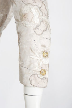 1980's Chanel Haute Couture Ivory Lesage Embroidered Silk Belted Gown & Jacket