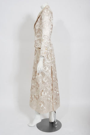 1980's Chanel Haute Couture Ivory Lesage Embroidered Silk Belted Gown & Jacket