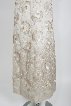 1980's Chanel Haute Couture Ivory Lesage Embroidered Silk Belted Gown & Jacket