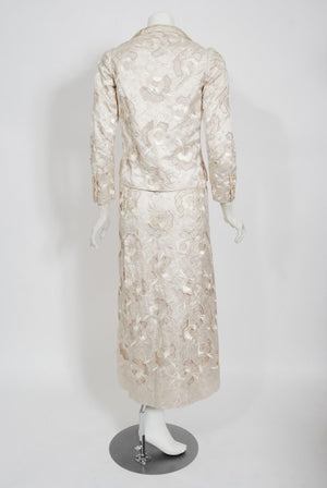 1980's Chanel Haute Couture Ivory Lesage Embroidered Silk Belted Gown & Jacket