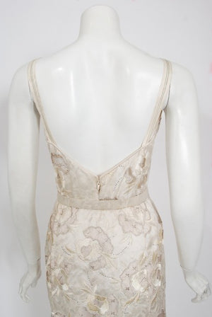 1980's Chanel Haute Couture Ivory Lesage Embroidered Silk Belted Gown & Jacket
