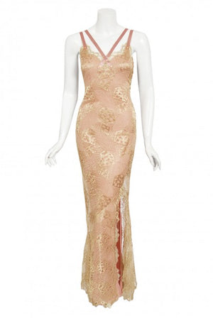 2001 Christian Dior by John Galliano Gold Lace & Pink Silk Bias-Cut Gown