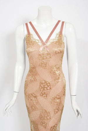 2001 Christian Dior by John Galliano Gold Lace & Pink Silk Bias-Cut Gown