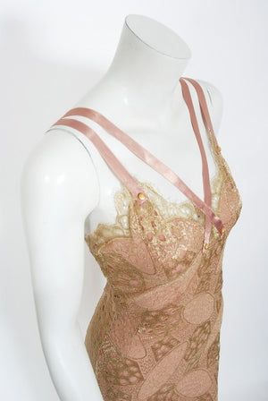 2001 Christian Dior by John Galliano Gold Lace & Pink Silk Bias-Cut Gown