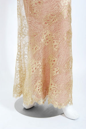2001 Christian Dior by John Galliano Gold Lace & Pink Silk Bias-Cut Gown