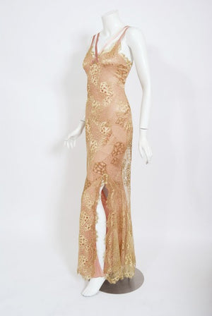 2001 Christian Dior by John Galliano Gold Lace & Pink Silk Bias-Cut Gown