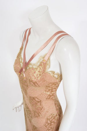 2001 Christian Dior by John Galliano Gold Lace & Pink Silk Bias-Cut Gown