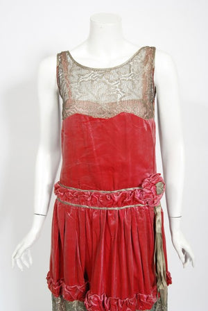 1920's Bedell Couture Magenta Velvet Metallic-Gold Lace Flapper Dress