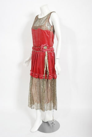 1920's Bedell Couture Magenta Velvet Metallic-Gold Lace Flapper Dress