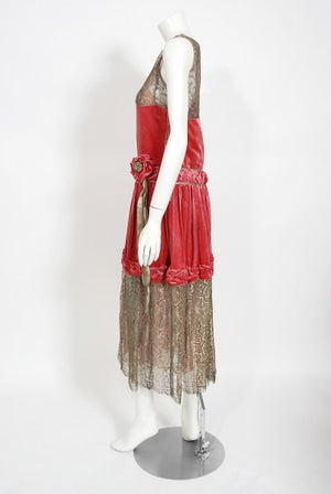 1920's Bedell Couture Magenta Velvet Metallic-Gold Lace Flapper Dress