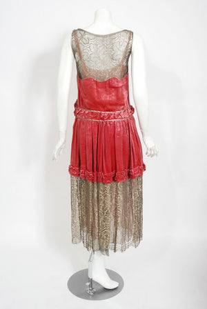 1920's Bedell Couture Magenta Velvet Metallic-Gold Lace Flapper Dress