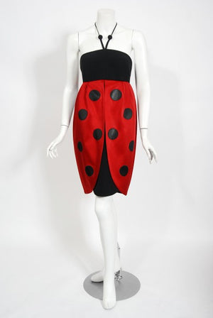 1995 Moschino Couture 'Ladybug' Novelty Black & Red Silk Halter Dress