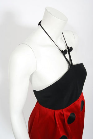1995 Moschino Couture 'Ladybug' Novelty Black & Red Silk Halter Dress