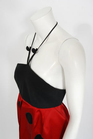 1995 Moschino Couture 'Ladybug' Novelty Black & Red Silk Halter Dress