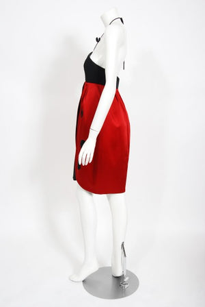 1995 Moschino Couture 'Ladybug' Novelty Black & Red Silk Halter Dress