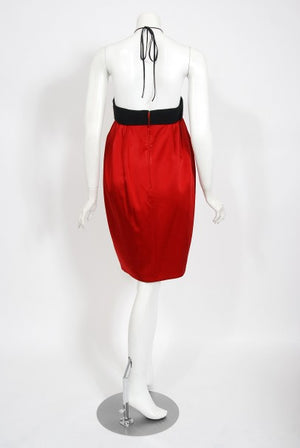 1995 Moschino Couture 'Ladybug' Novelty Black & Red Silk Halter Dress