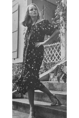 1978 Yves Saint Laurent Novelty Butterfly Print Rayon Off-Shoulder Dress