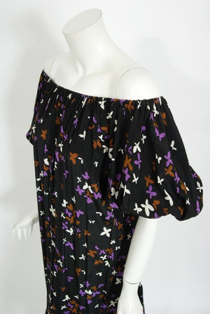 1978 Yves Saint Laurent Novelty Butterfly Print Rayon Off-Shoulder Dress
