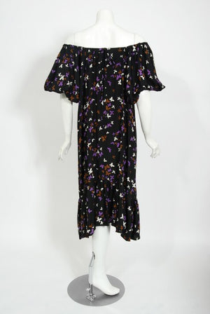 1978 Yves Saint Laurent Novelty Butterfly Print Rayon Off-Shoulder Dress