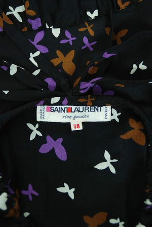 1978 Yves Saint Laurent Novelty Butterfly Print Rayon Off-Shoulder Dress