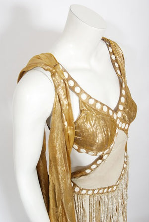 1930's Metallic Gold Lamé Cut-Out Chenille Fringe Stage Costume Gown