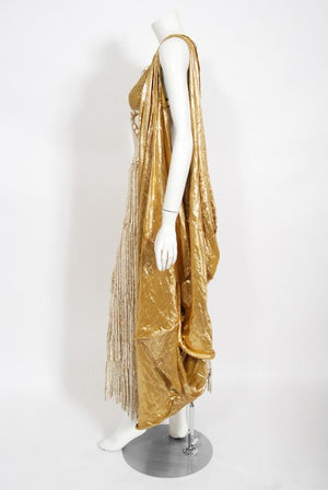 1930's Metallic Gold Lamé Cut-Out Chenille Fringe Stage Costume Gown